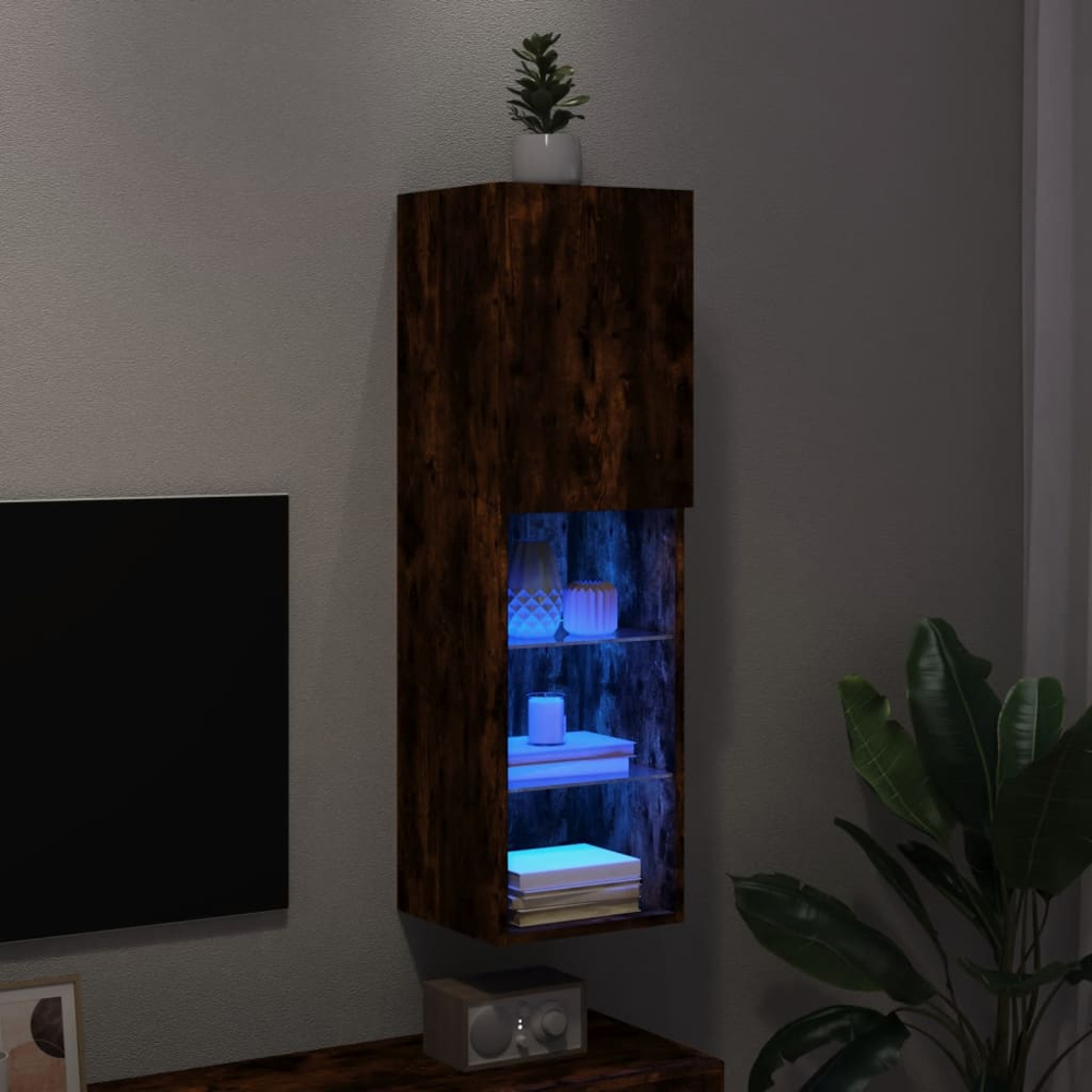 vidaXL Single Door 3 Shelf Smoked Oak Wall Mounted LED TV Cabinet Image 5