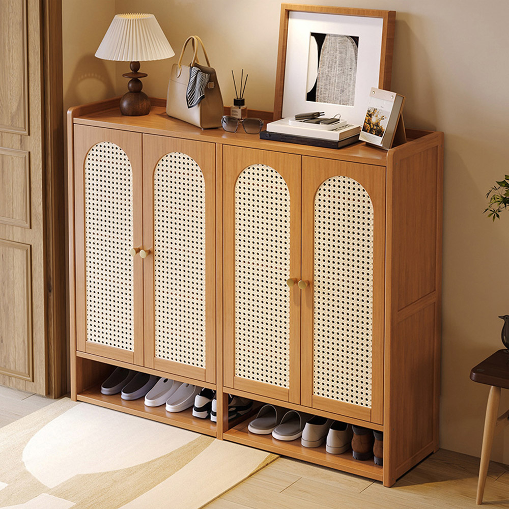 Living and Home 4 Door Single Open Shelf Brown Rattan Tall Shoe Cabinet Image 7