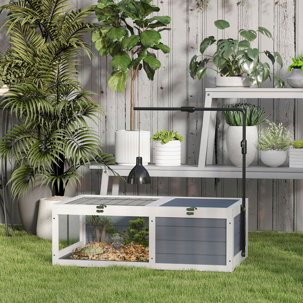 PawHut Grey Wooden Tortoise House with Lamp Holder Image 4