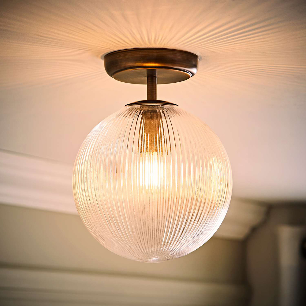 ValueLights Kempton Brushed Brass Ribbed Globe Shade Flush Ceiling Light with Bulb Image 2