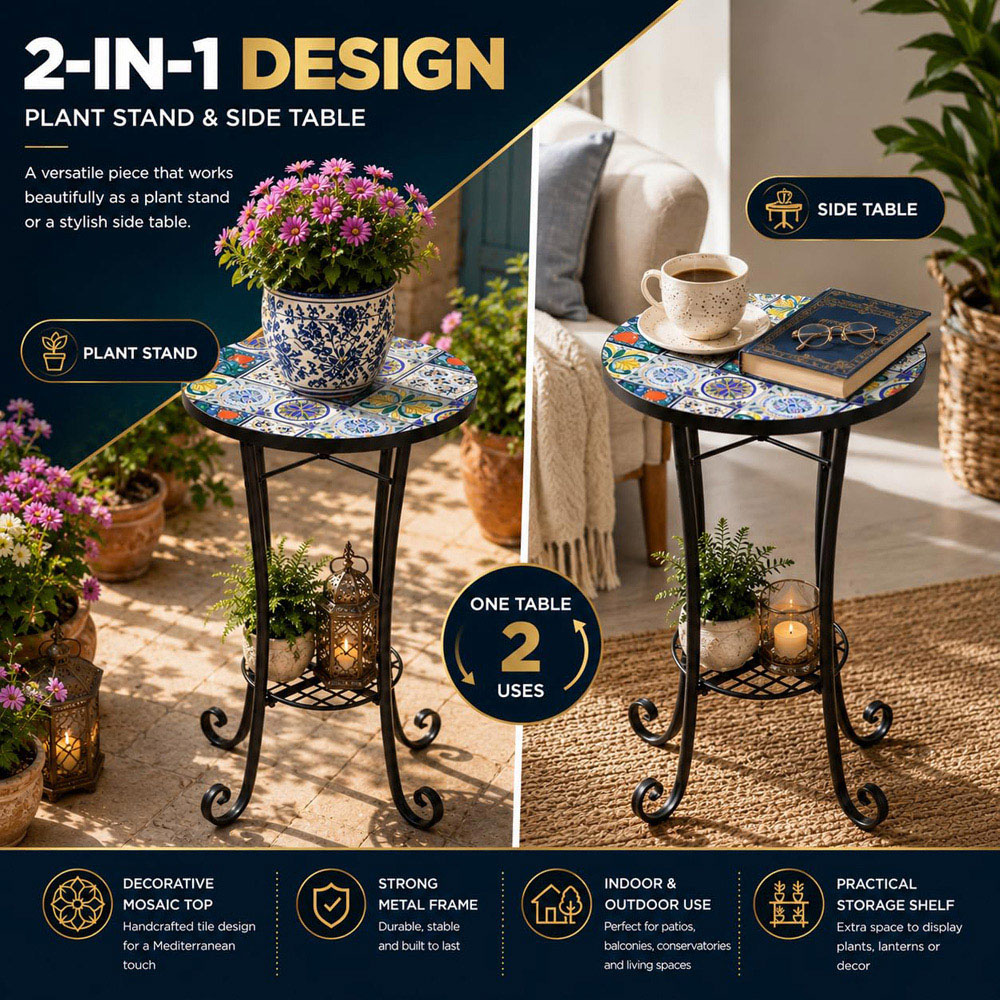 Shatchi Lisbon 2-in-1 Single Shelf Mosaic Ceramic Tile Top Plant Stand Side Table Image 3