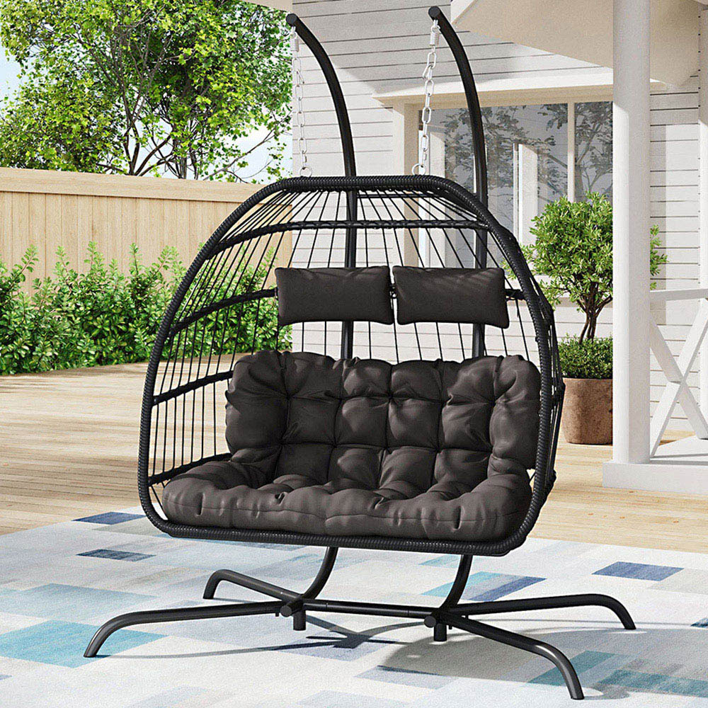 Living and Home 2 Seater Black Garden Hanging Egg Chair with Cushions Image 1