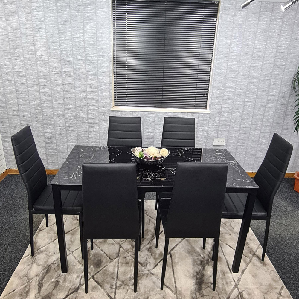 Portland Marble Effect Glass 6 Seater Leather Dining Set Black Image 7