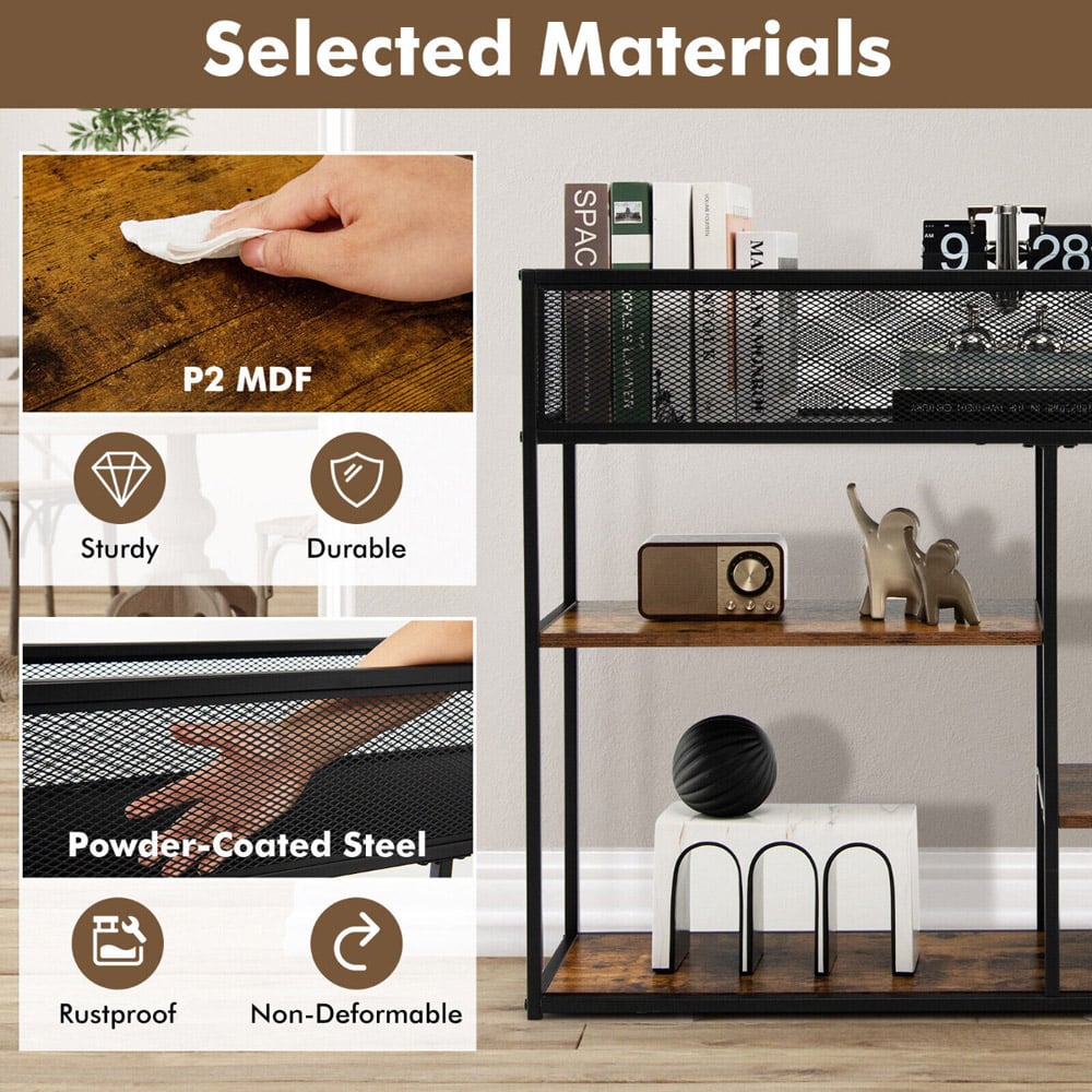 Costway 3 Shelf Brown Console Table with Wire Basket Image 8