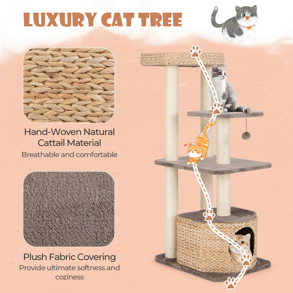 Costway 4 Tier Coffee Cattail Cat Tower with Sisal Scratching Posts 131cm Image 7