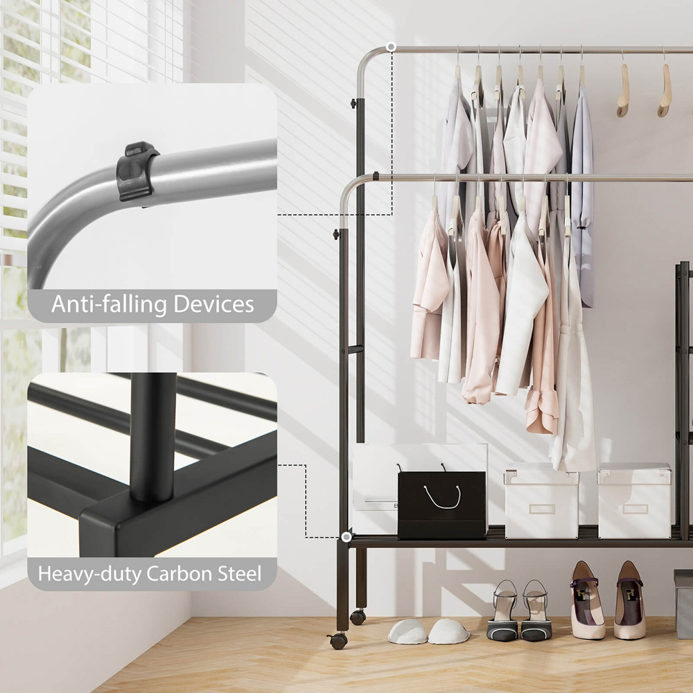 Costway 4 Shelf 2 Hanging Bars Black and Silver Rolling Clothes Rack Image 8