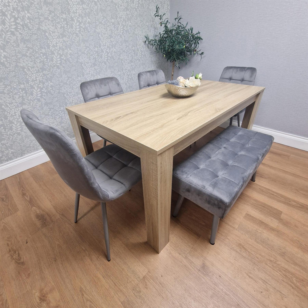 Kosy Koala 6 Seater Dining Set with Bench Oak Effect and Grey Velvet Image 3