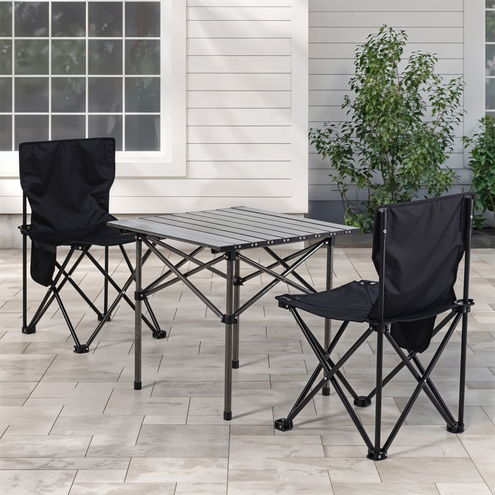 Living and Home Black Portable Folding Camping Table with 2 Chair Image 2