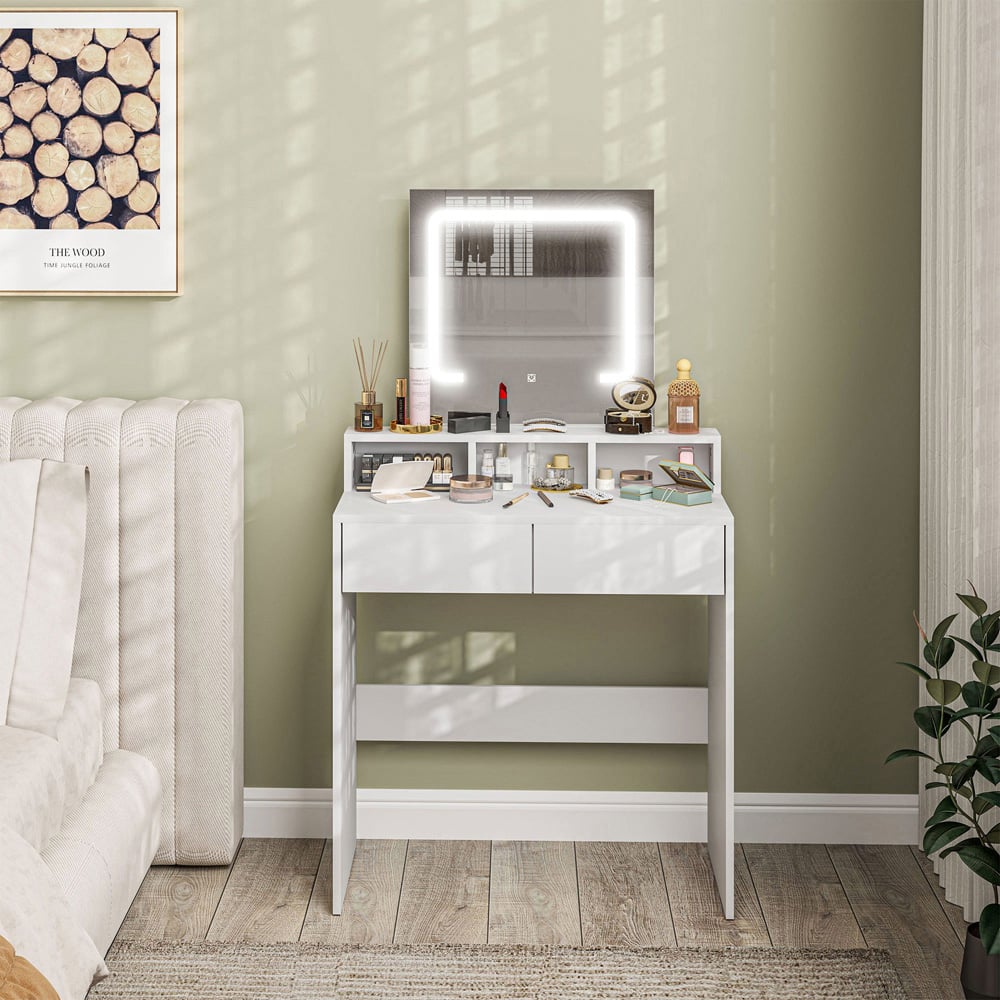 Portland 2 Drawer 2 Shelf White Dressing Table with LED Light Mirror Image 4