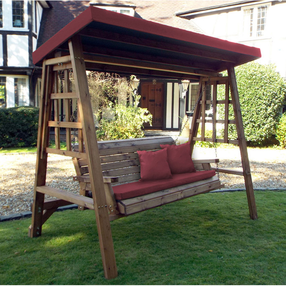 Charles Taylor Dorset 3 Seater Swing with Burgundy Cushions and Roof Cover Image 1