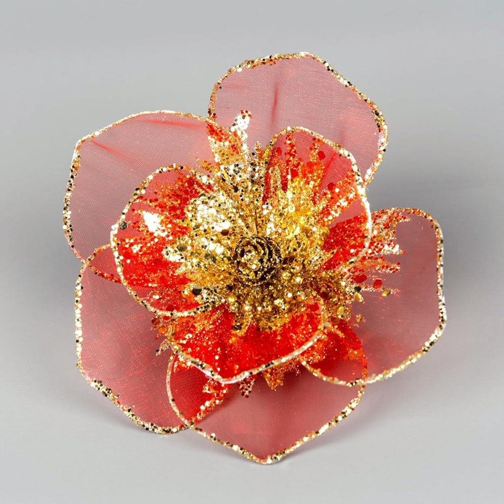 Shatchi Red and Gold Glitter Net Poinsettia Artificial Flower 6 Pack Image 2