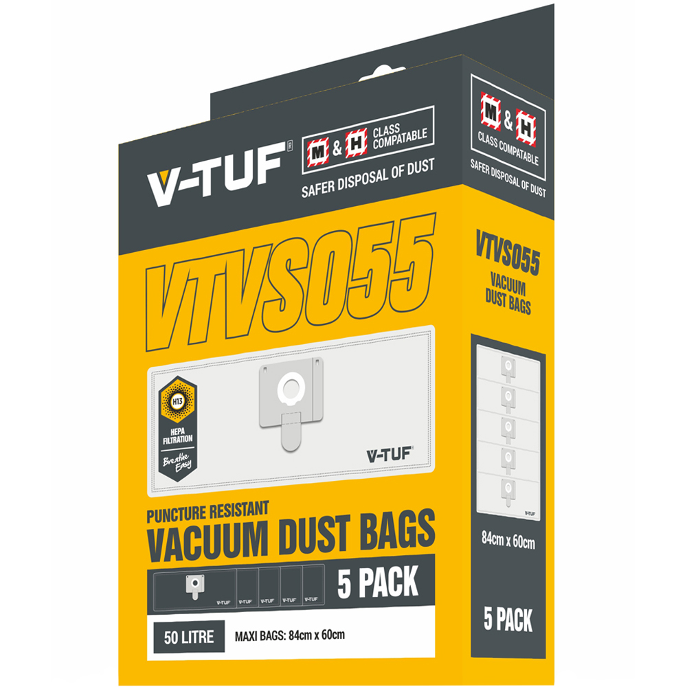 V-TUF Large Hepa Vacuum Cleaner Dust Bags 50L 5 Pack Image 1