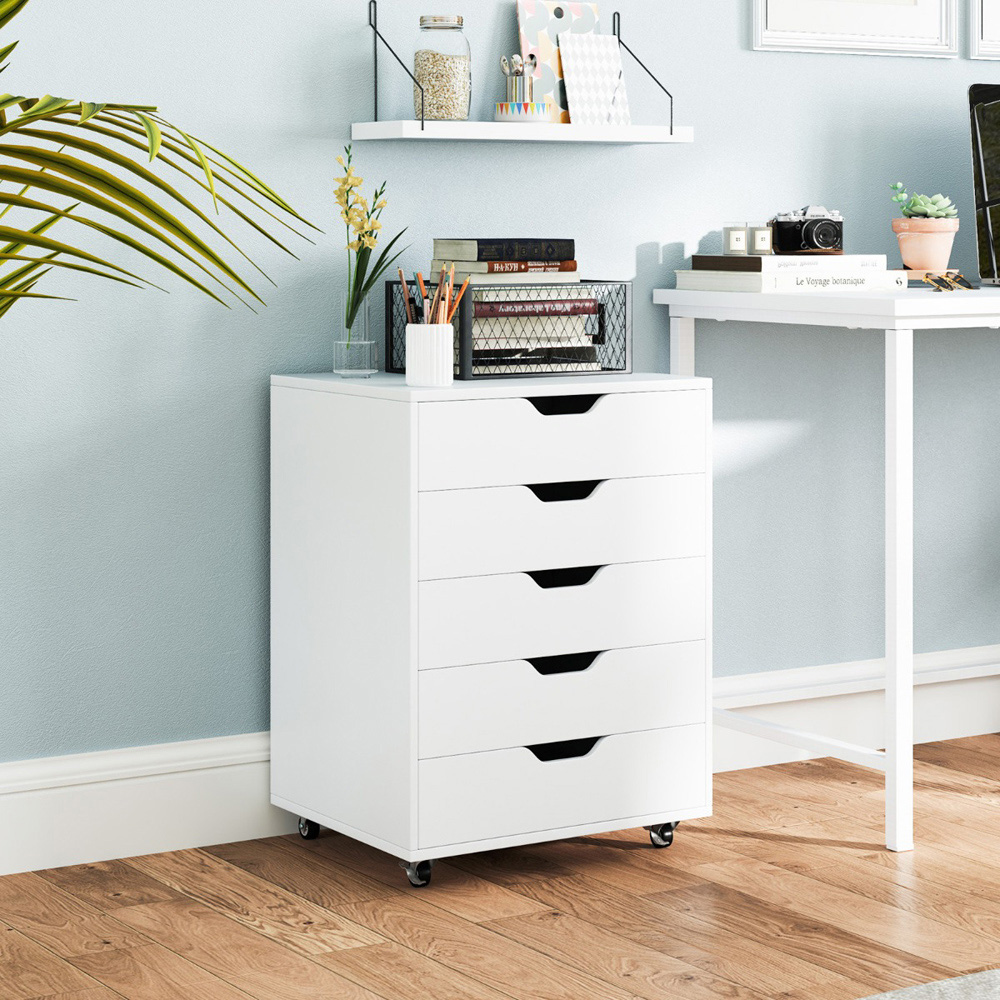Costway 5 Drawer White Chest of Drawers with Lockable Wheels Image 4
