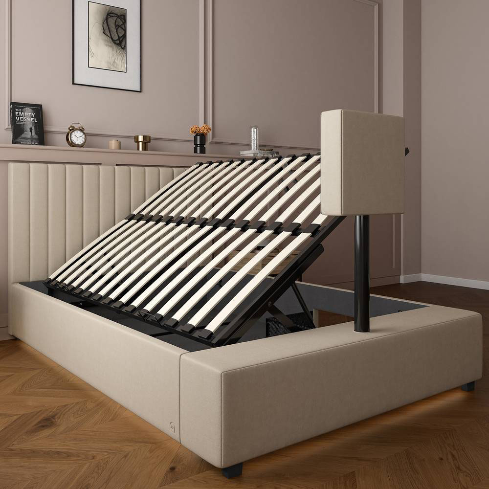 XR Living Maisie King Natural Stone Velvet Ottoman TV Bed with LED Under Frame Image 3