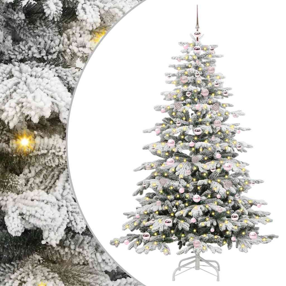 vidaXL Pre-Lit Pink Baubles White Artificial Snow Flocked Christmas Tree 6ft Image 2