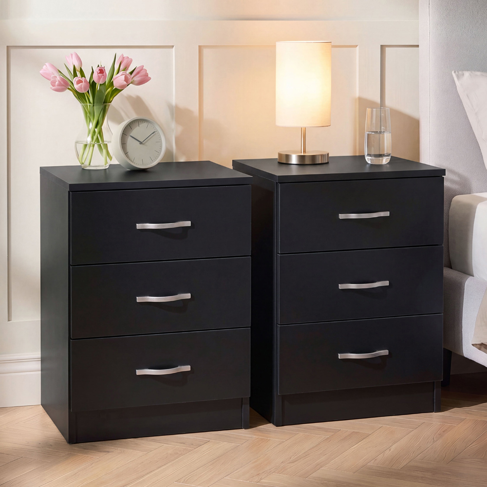 Vida Designs Riano 3 Drawer Black Melamine Finish Bedside Table Set of 2 Image 1