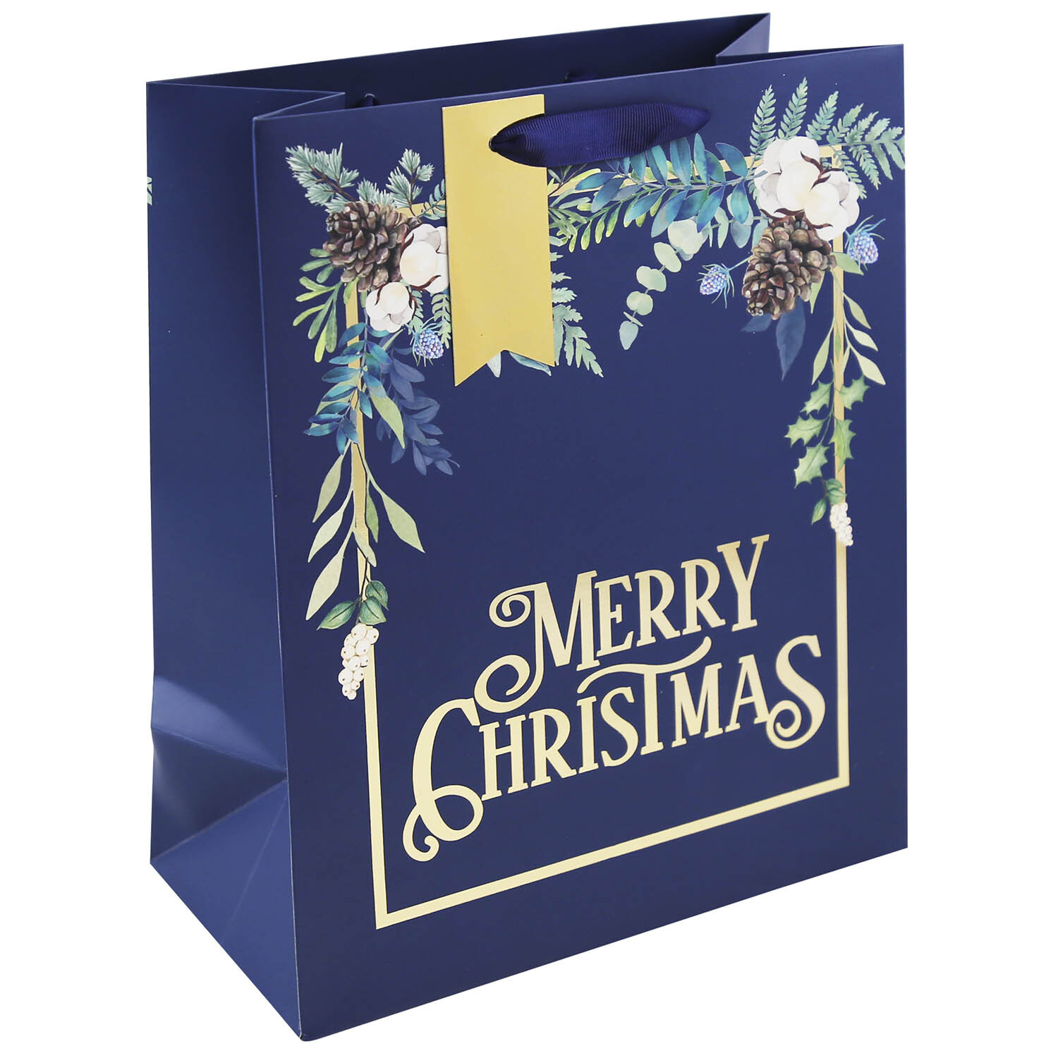 Navy Floral Merry Christmas Large Gift Bag  - Navy Image