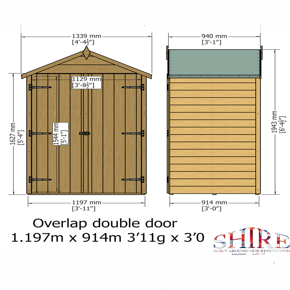 Shire 4 x 3ft Double Door Dip Treated Overlap Shed Image 7