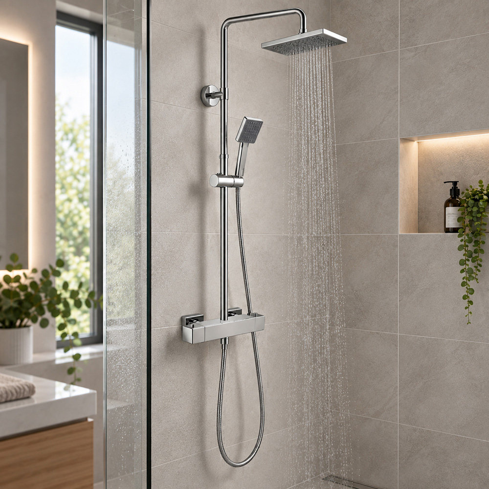 Go Bathrooms Riva Chrome Thermostatic Shower with Rainfall Head and Handset Image 3