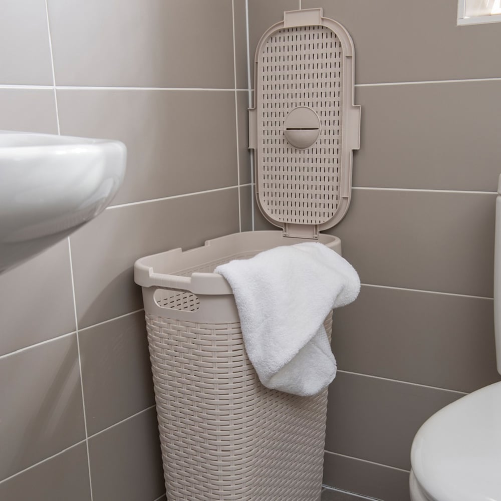 Addis Beige Faux Rattan Slim Laundry Hamper 40L Image 4