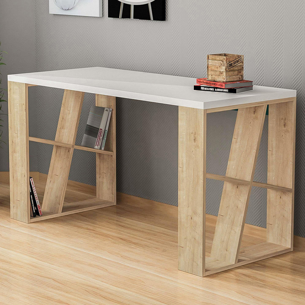 Decortie Honey 8 Shelf Modern Desk with Bookcase White and Oak Image 1