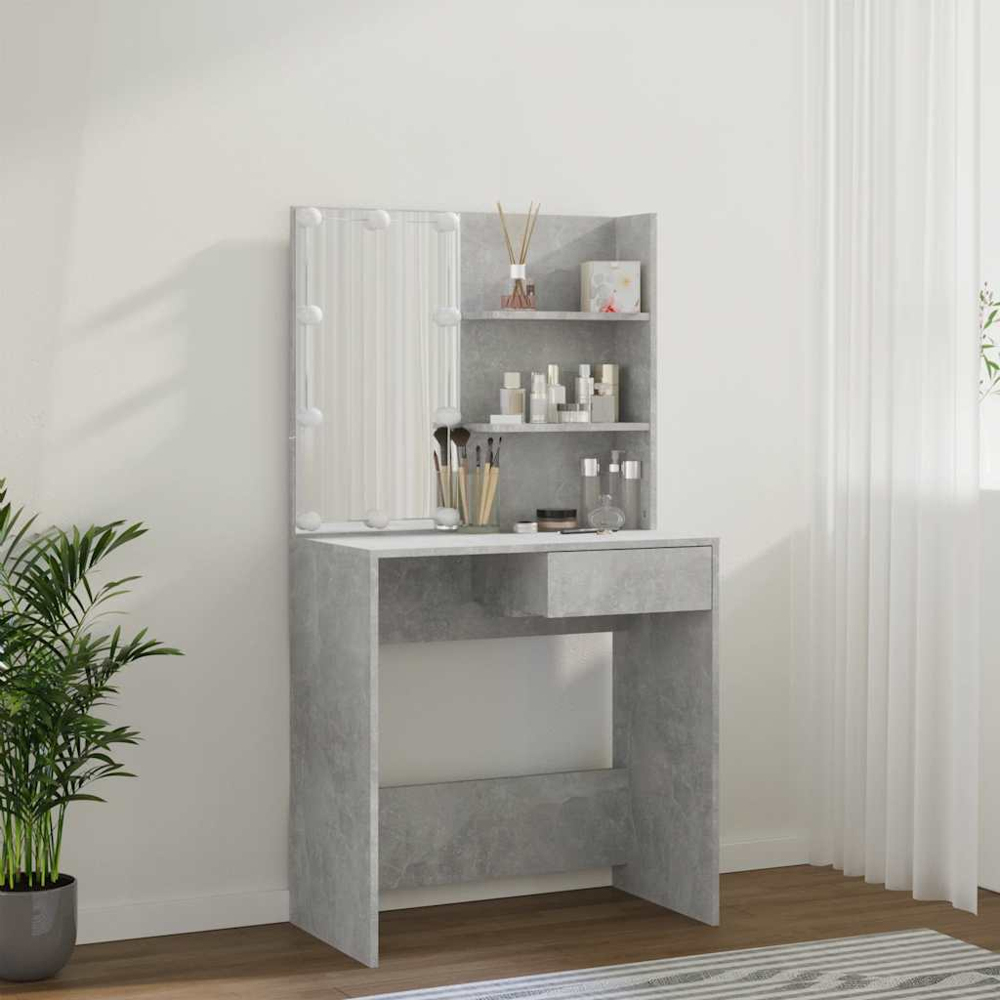 vidaXL Single Drawer 2 Shelf Concrete Grey Dressing Table with LED Mirror Image 9