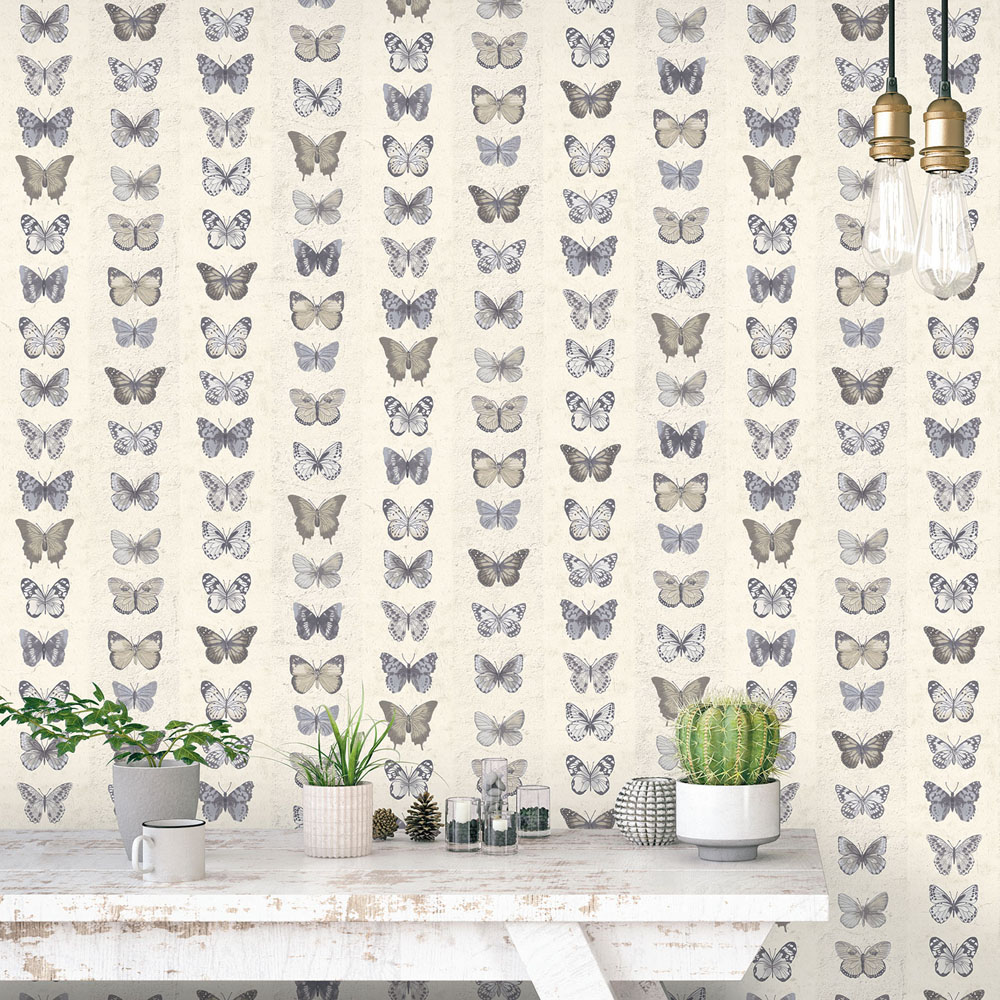 Galerie Organic Textures Butterflies Stripe Beige Blue Grey Wallpaper Image 2
