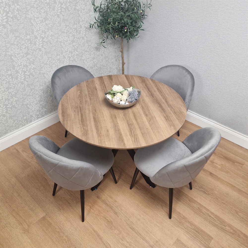 Kosy Koala 4 Seater Wood Effect Velvet Round Dining Set Grey Image 6