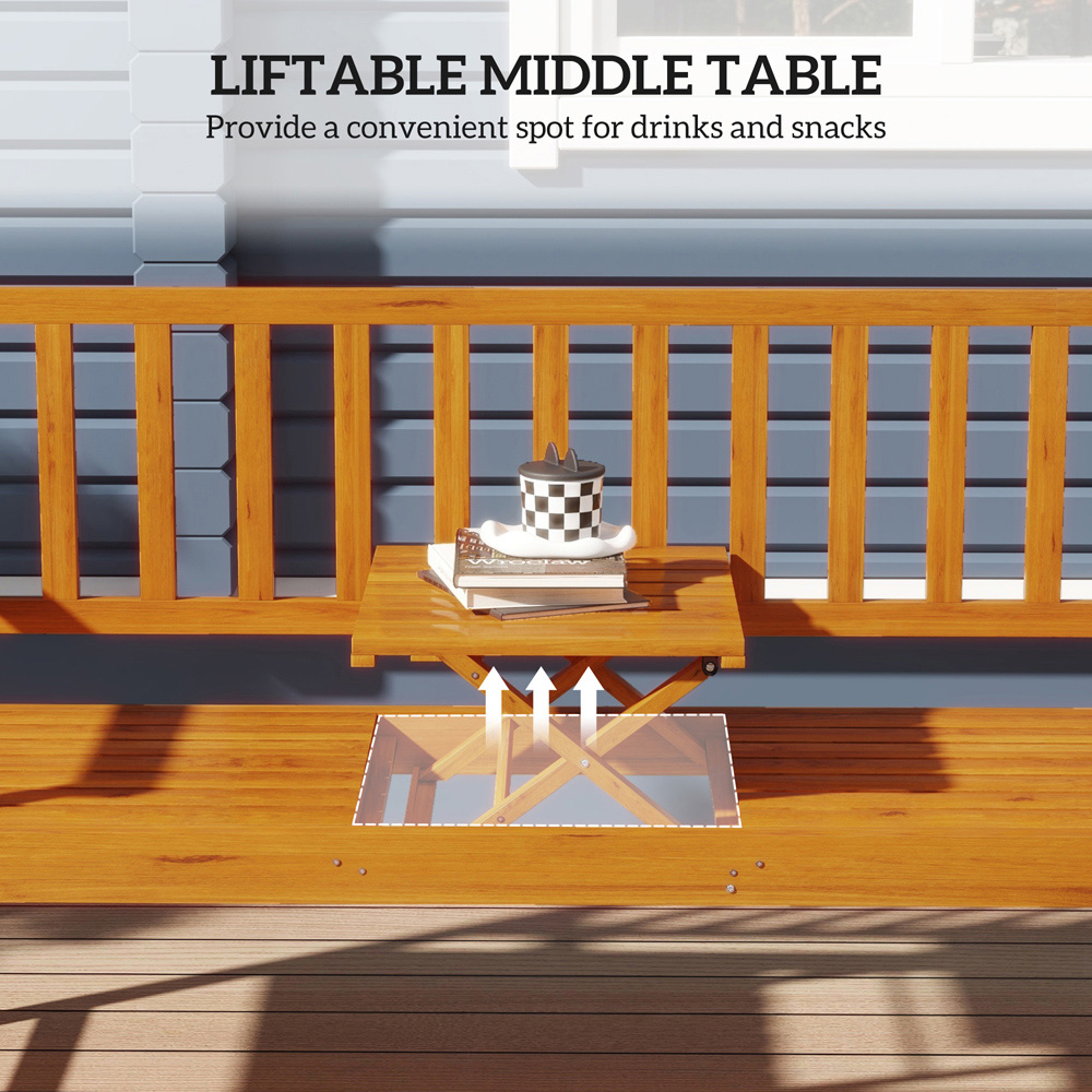 Outsunny 2 Seater Natural Wooden Garden Bench with Liftable Middle Table Image 3