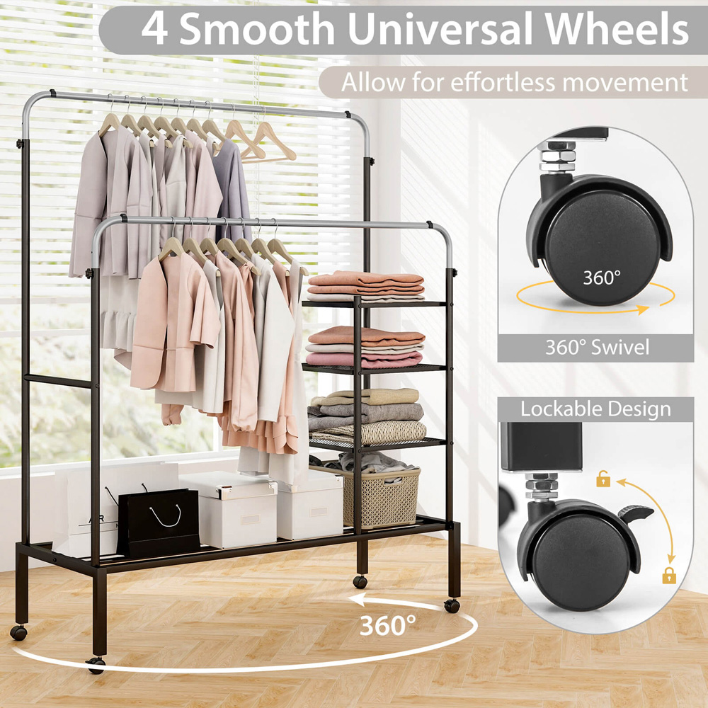 Costway 4 Shelf 2 Hanging Bars Black and Silver Rolling Clothes Rack Image 6