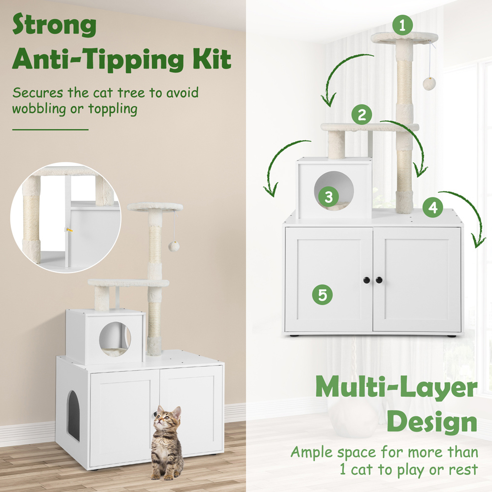 Costway White Cat Litter Box Enclosure with Cat Condo Image 5
