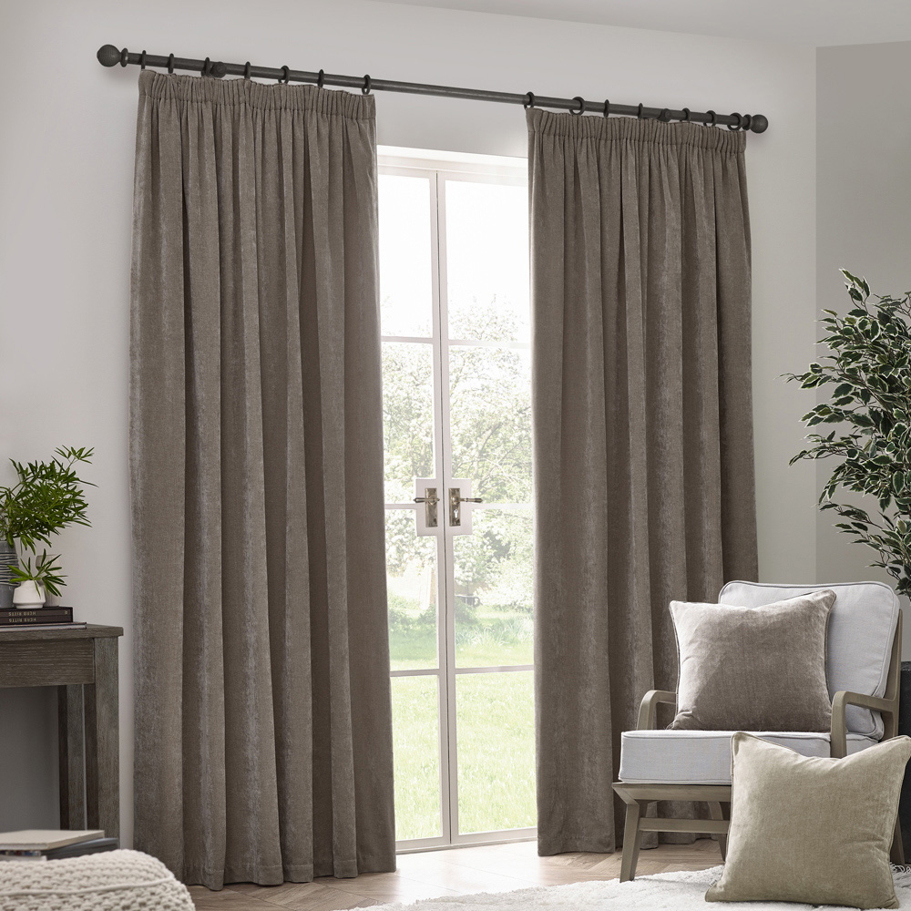 Yard Heavy Greige Chenille Blackout Pencil Pleat Curtains 117 x 183cm Image 1