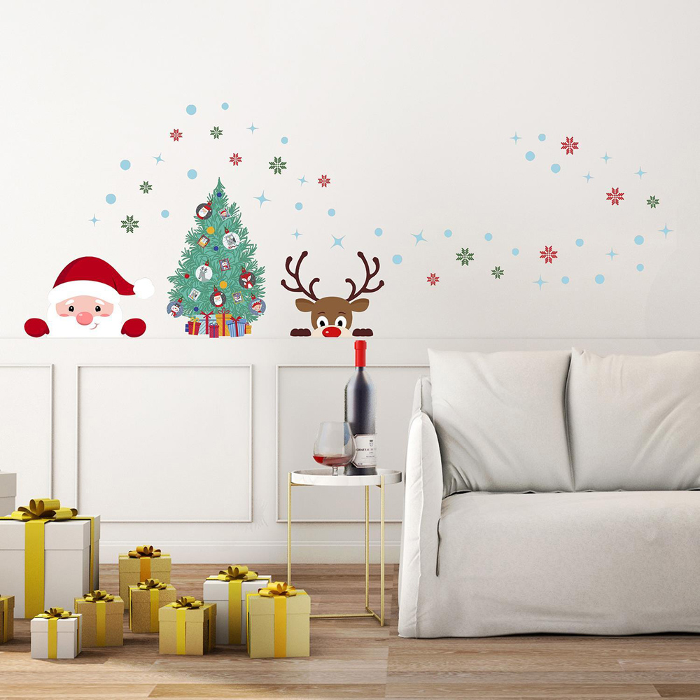 Walplus Peeking Santa and Rudolph with Christmas Tree Self Adhesive Wall Stickers 55 Piece Image 2