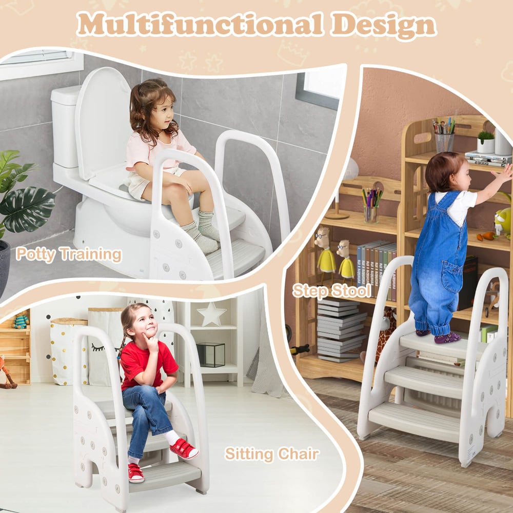 Costway Grey Dual Height Kids Learning Step Stool with Safety Handles Image 5