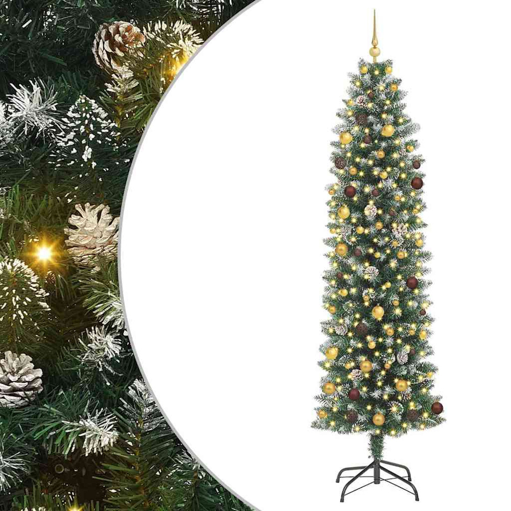 vidaXL Pre-Lit Gold and Bronze Baubles Green and White Artificial Slim Christmas Tree 8ft Image 2