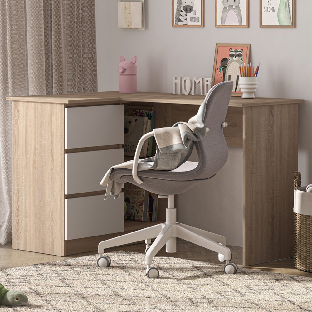 Kudl Universal 3 Drawer 2 Shelf Computer Desk Sonoma Oak and White Image 1