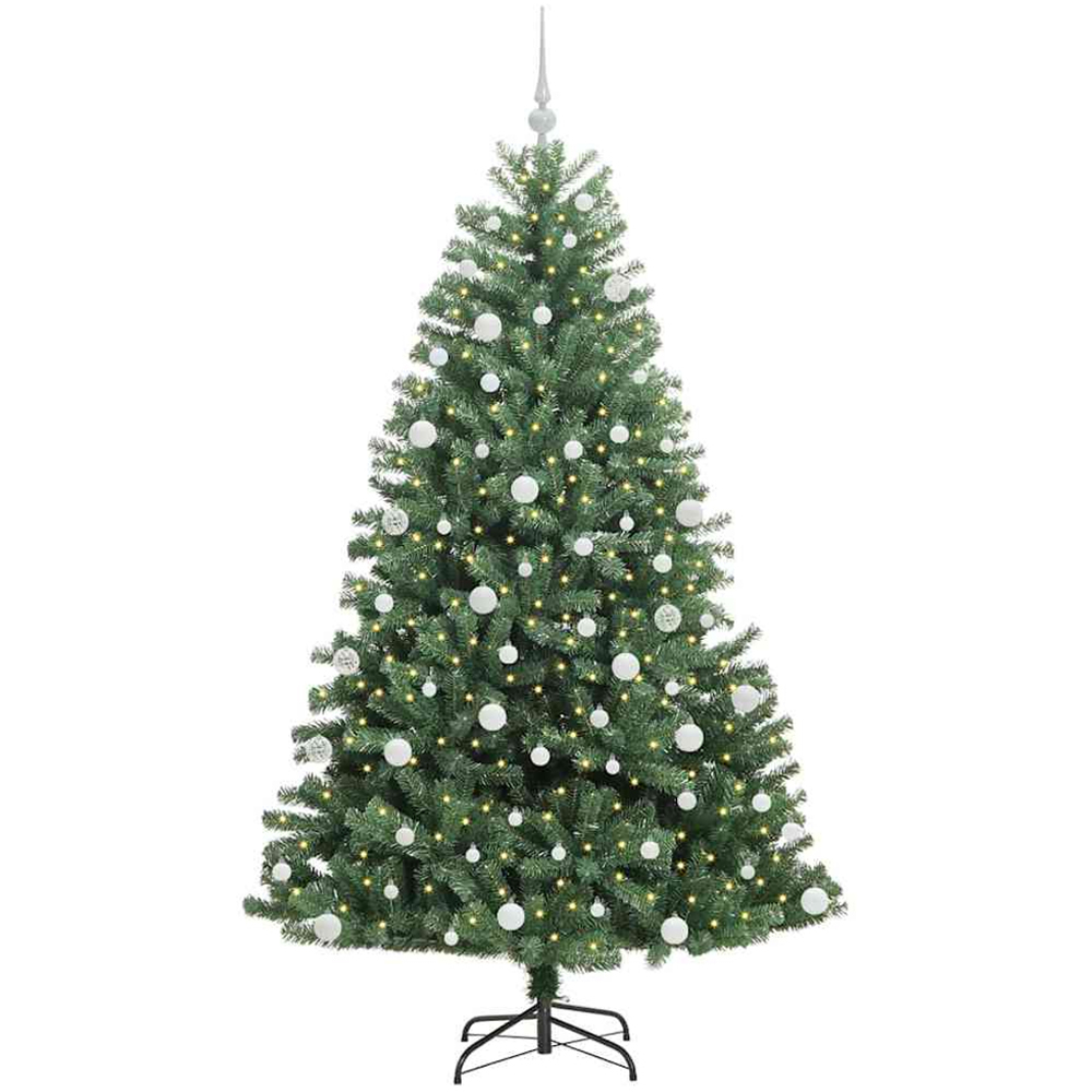 vidaXL Pre-Lit White Baubles Green Artificial Hinged Christmas Tree 6ft Image 1