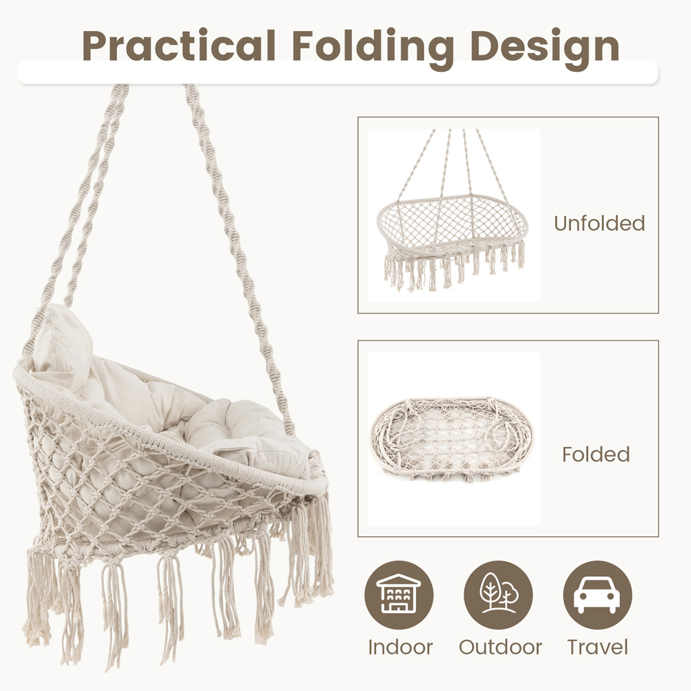 Costway Beige Hand Woven Rope Hanging Chair with Thick Cushion Image 6