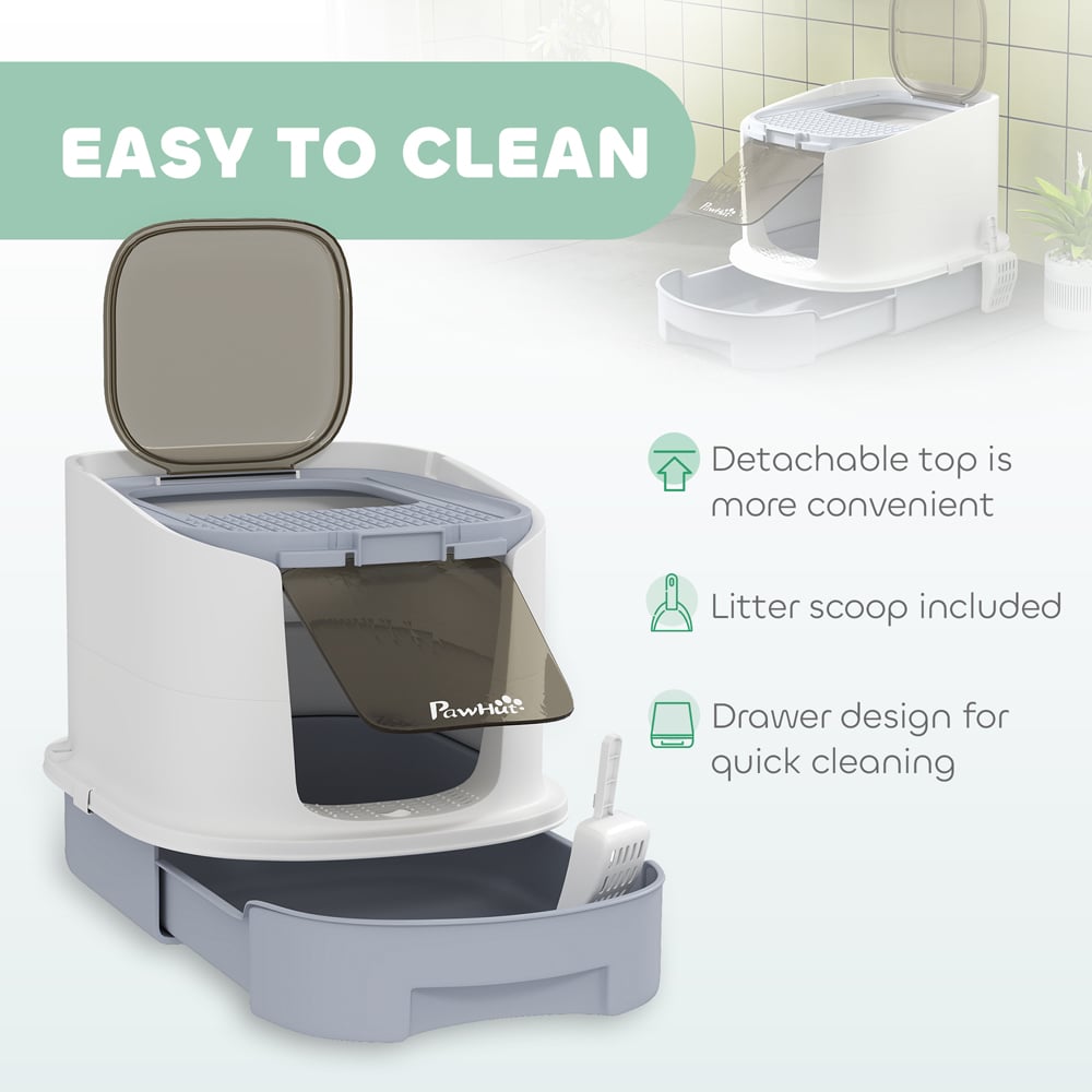 PawHut Grey Hooded Cat Litter Tray with Lid and Scoop Image 5