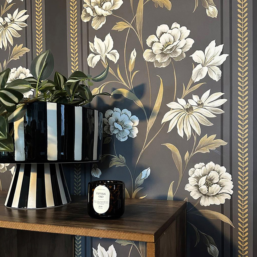 Belgravia Decor Raya Floral Stripe Dark and Neutral Wallpaper Image 3
