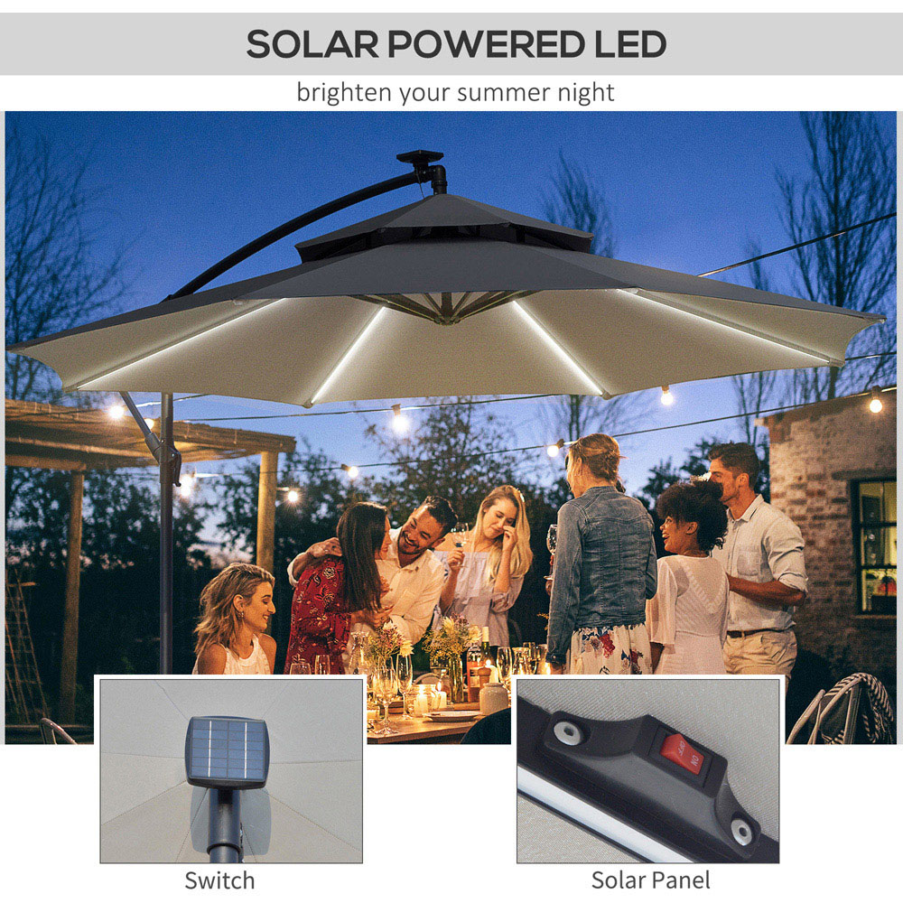 Outsunny Grey Solar LED Crank Handle Cantilever Banana Parasol with Cross Base 3m Image 6
