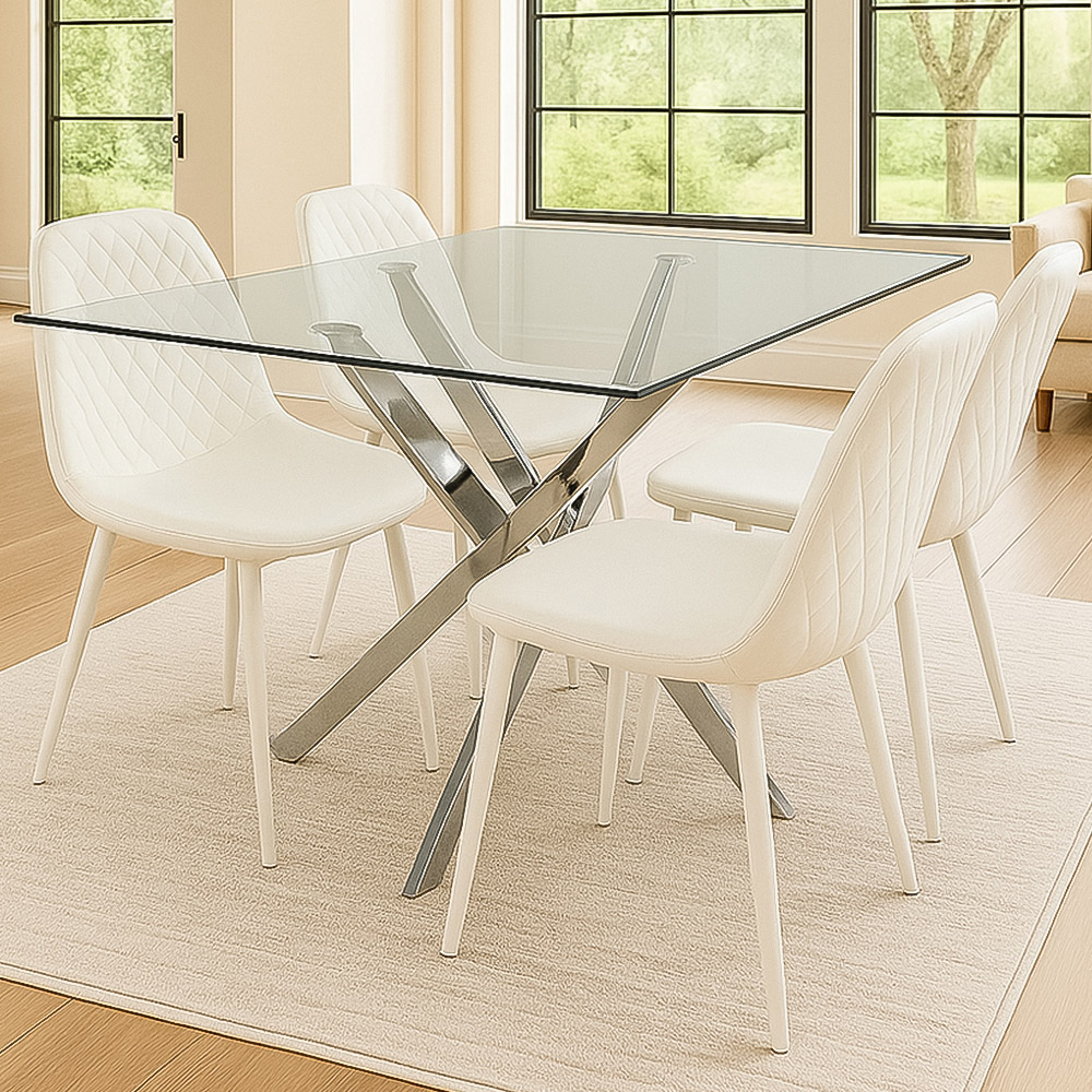 Kosy Koala 4 Seater Glass and Leather Rectangle Dining Table Set Chrome and White Image 1