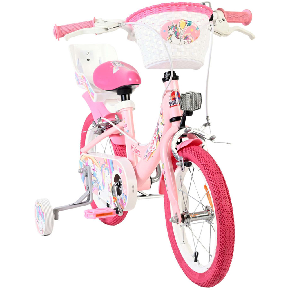 Volare Unicorn Kids 14 inch Pink Bike with Stabilisers Doll Seat and Basket Image 2