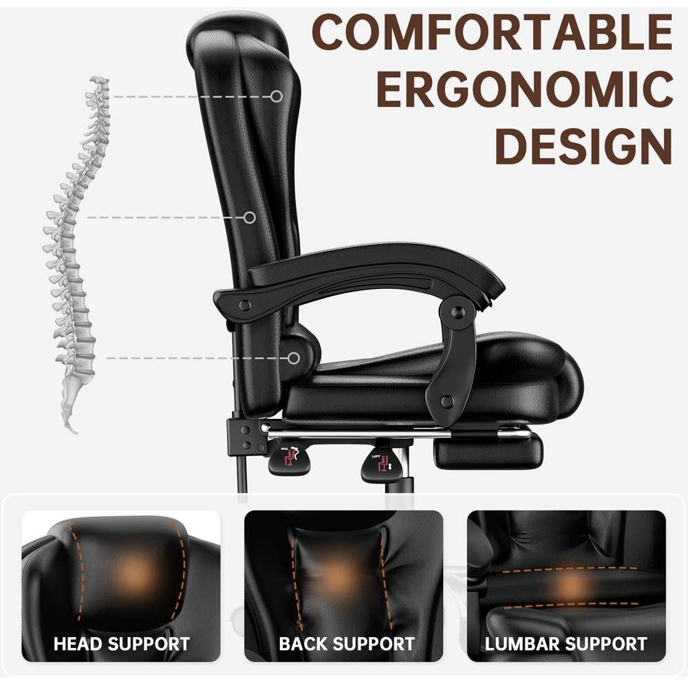 Rattrix Black PU Leather Reclining Swivel Office Chair with Footrest and Lumbar Support Image 4