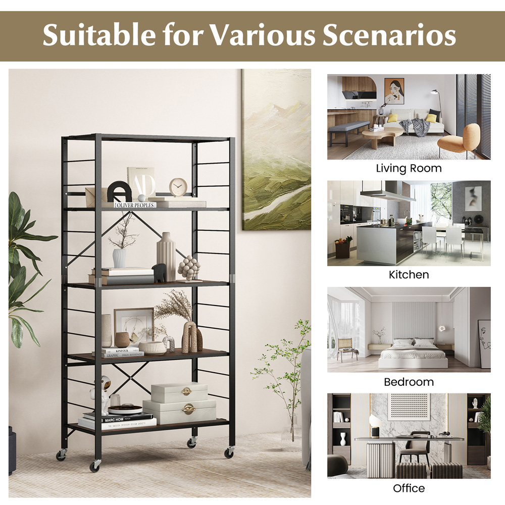 Costway 4 Shelf Black Metal Folding Wheeled Shelving Rack Image 6