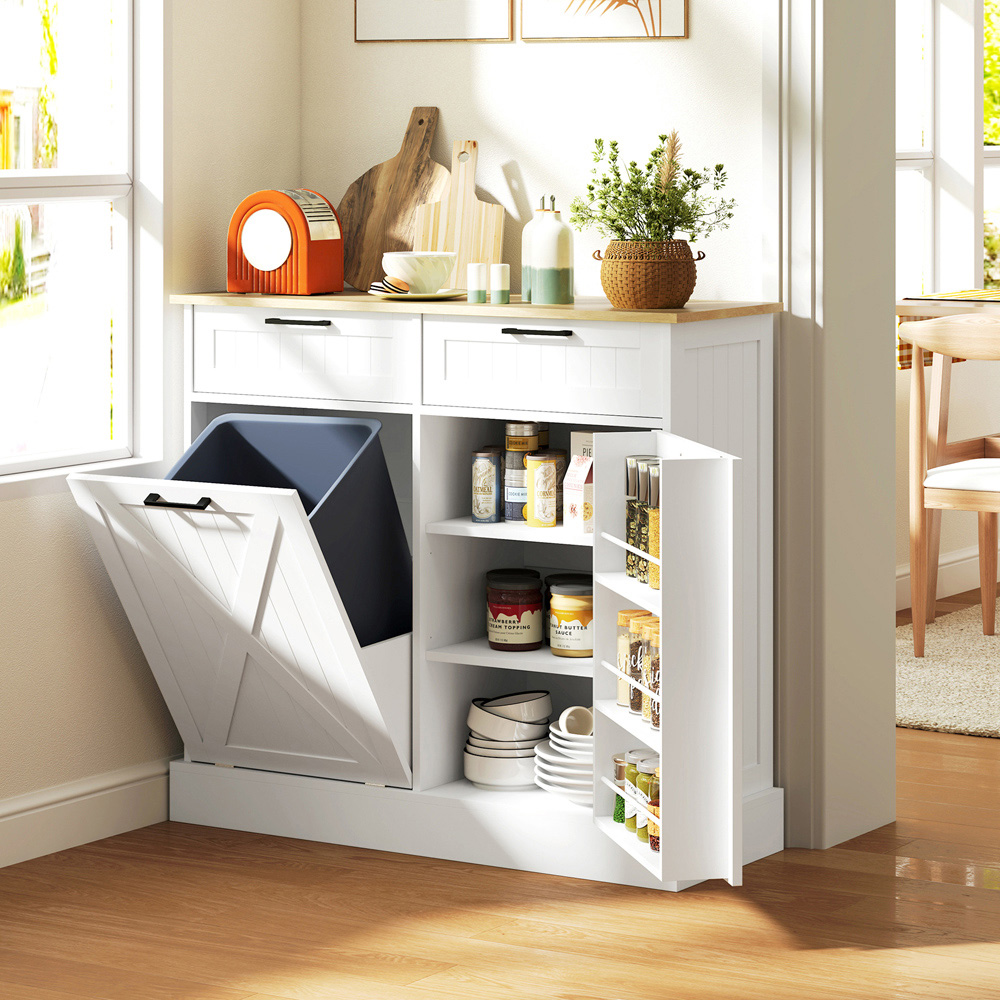 Portland Single Door 2 Drawer White Wood-Effect Sideboard with Tilt Out Trash Bin 38L Image 2
