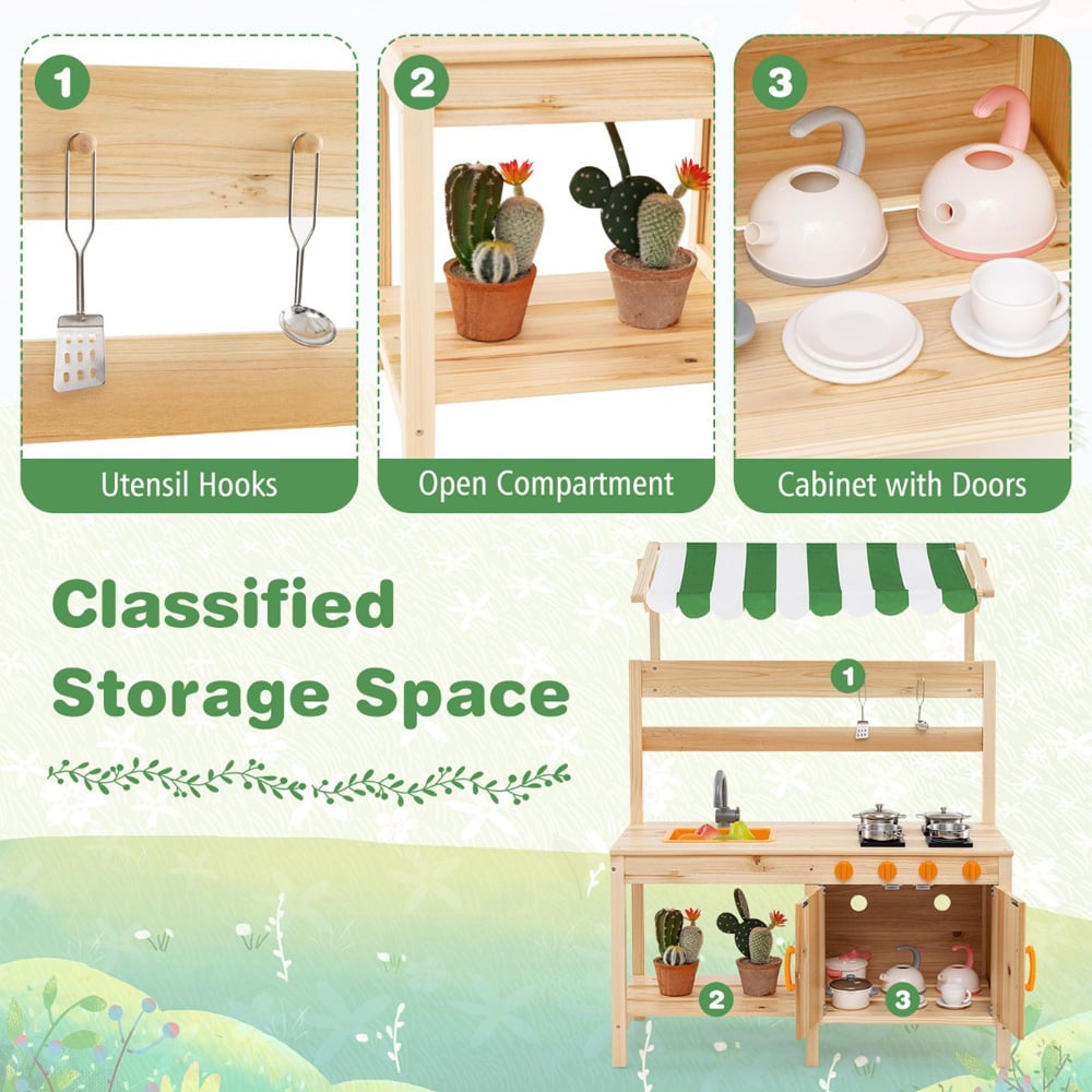 Costway Kids Natural Outdoor Wooden Kitchen Play Set with Canopy and 4 Stoves Image 4