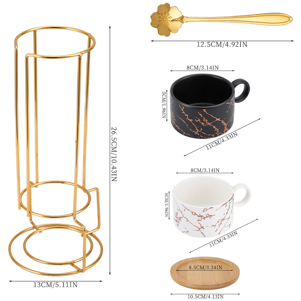 Living and Home 12 Piece White and Black Marble Ceramic Coffee Cup Set with Stand Image 8