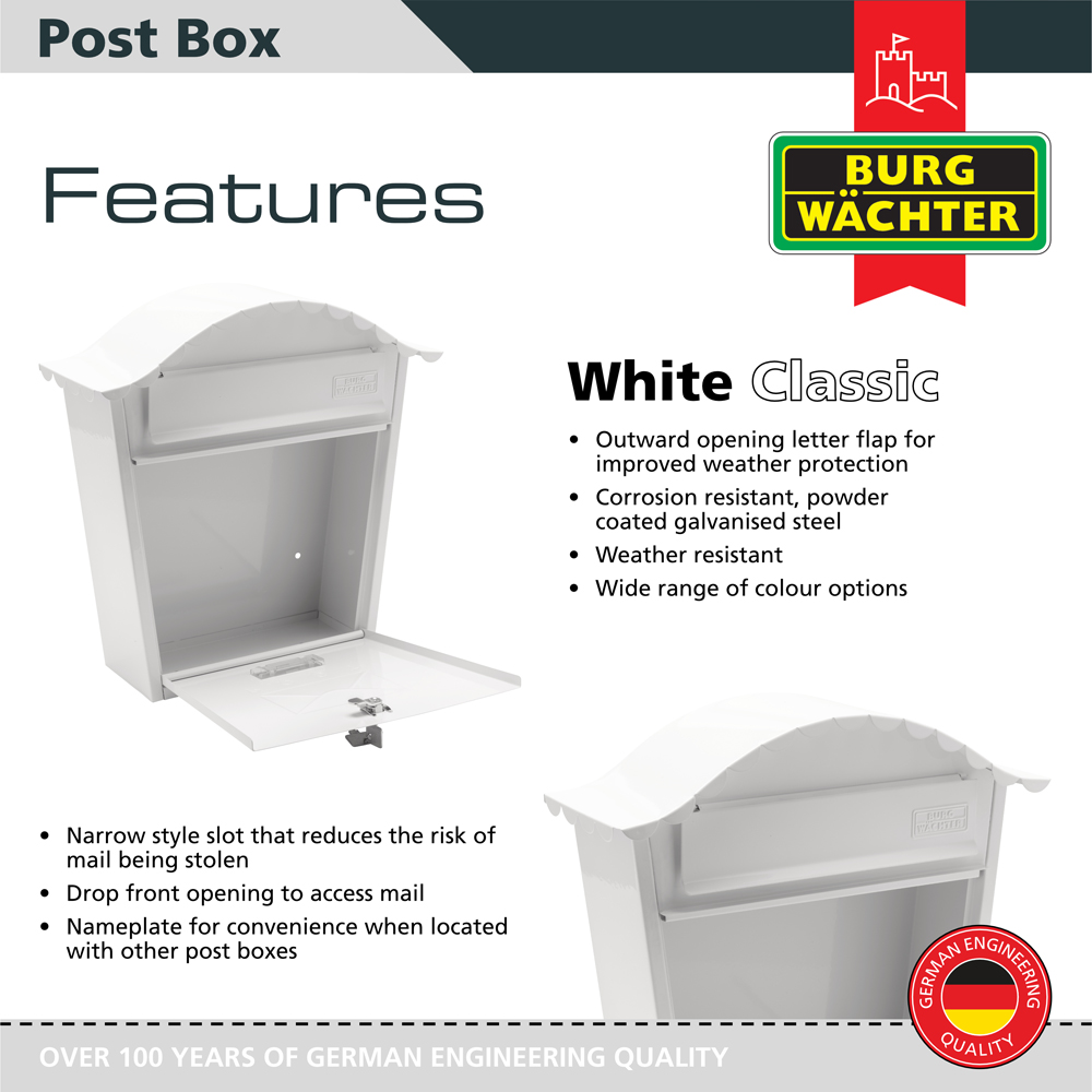 Burg-Wachter White Classic Wall Mounted Galvanised Steel Lockable Weatherproof Post Box - 36x37x13cm Image 2