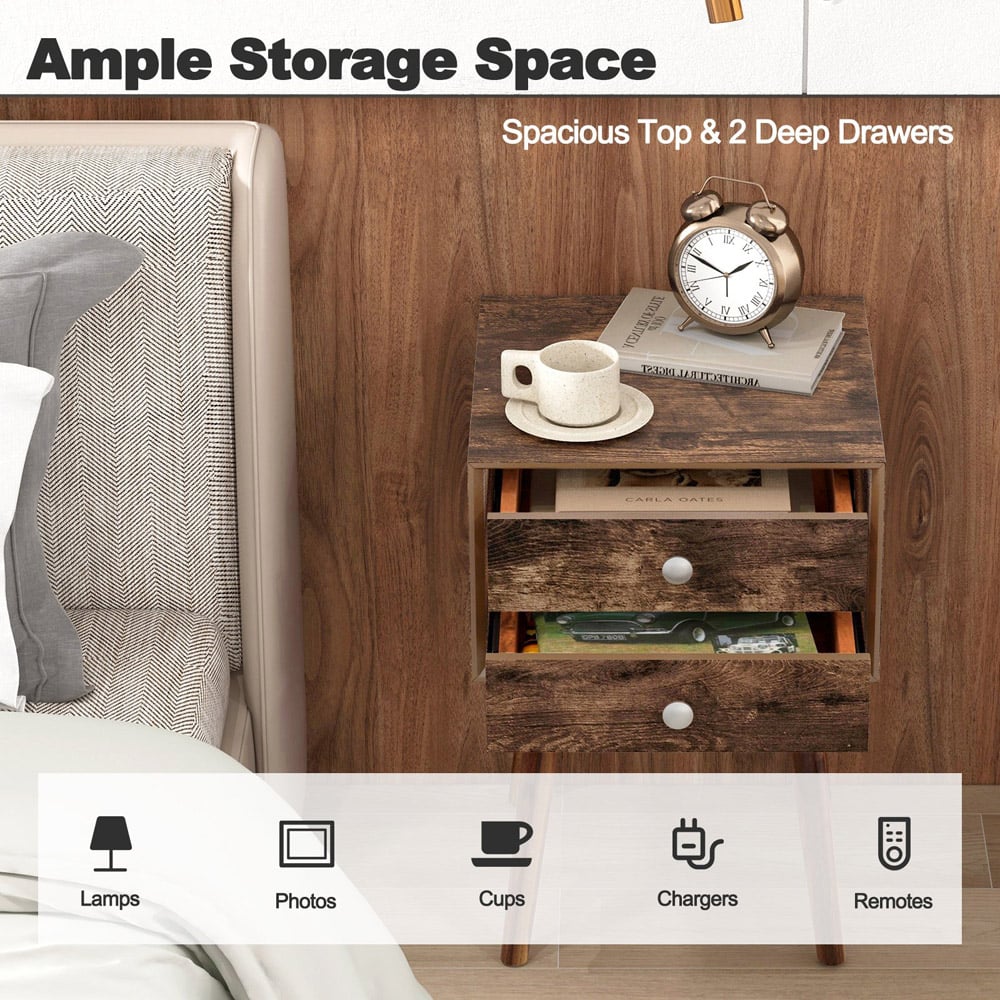 Costway 2 Drawer Rustic Brown Rubber Wood Legs Bedside Table with USB Port Image 5